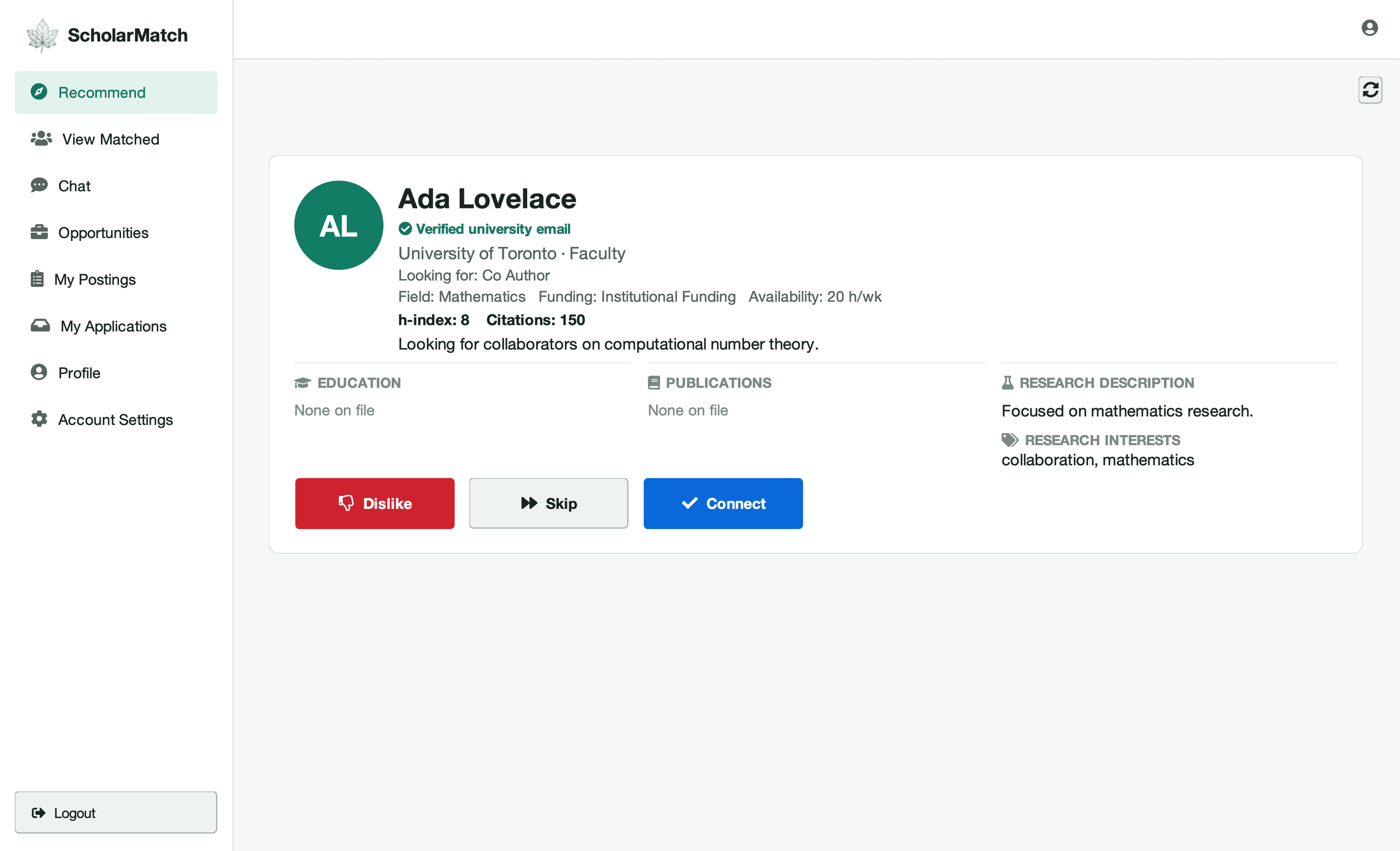 ScholarMatch recommendation screen showing an academic collaborator profile